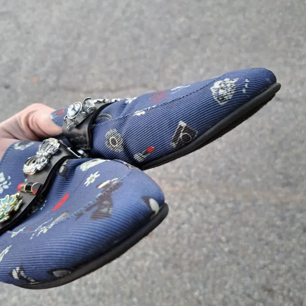Libby Edelman Size 9.5 Denim Blue Mules Slip On Butterfly Lipstick Floral Shoes